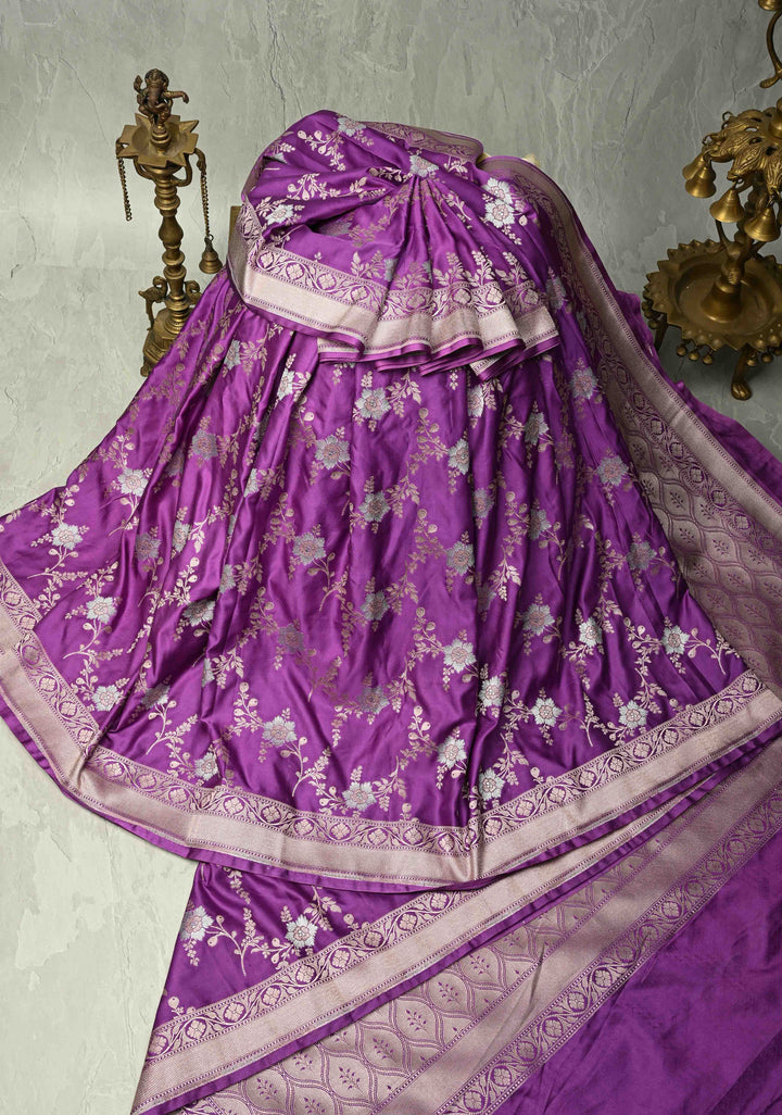 Purple Banarasi Semi Mashru Silk Saree with alfi Floral Jaal and Zari Border