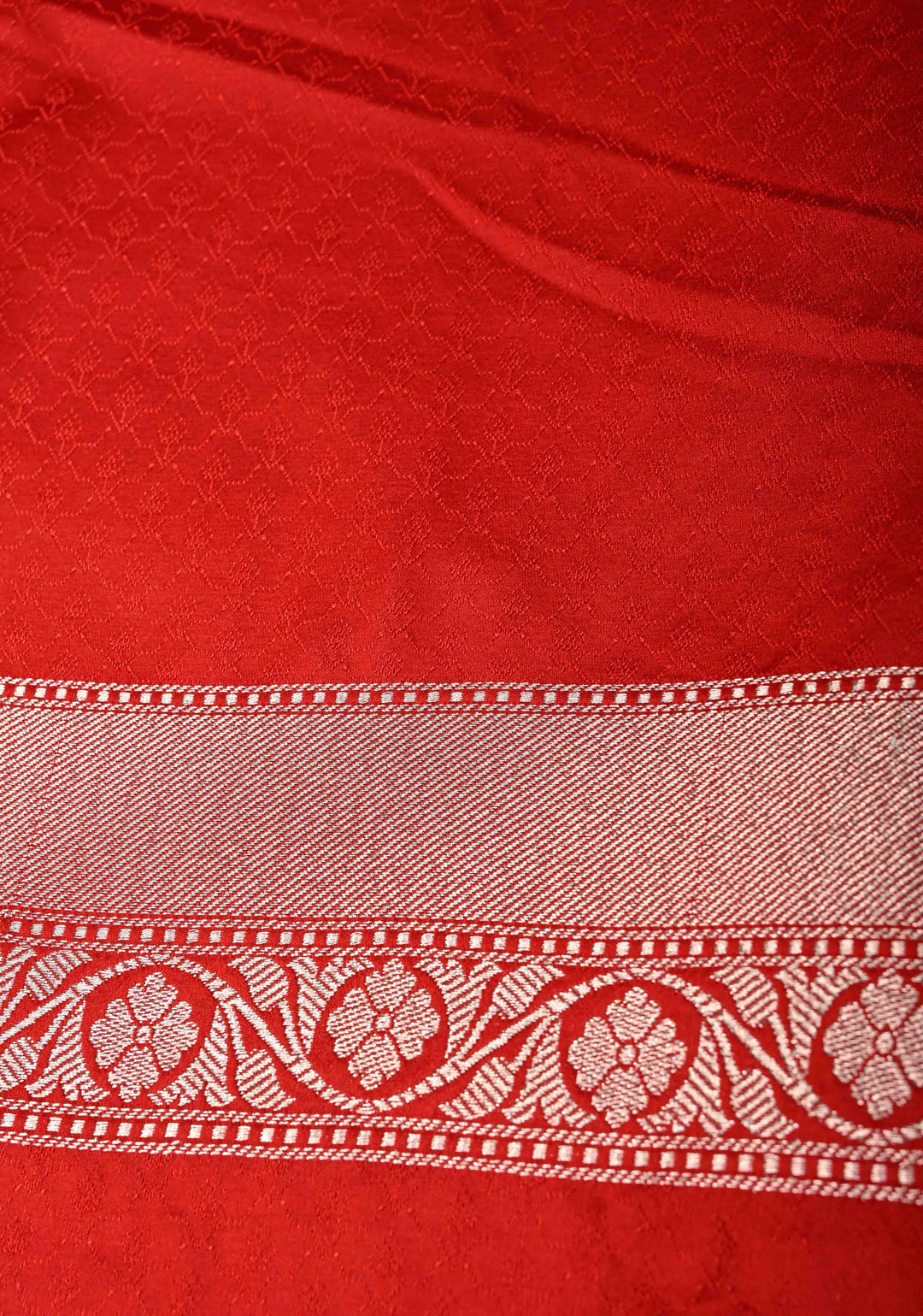 Red Banarasi Semi Mashru Silk Saree with alfi Floral Jaal and Zari Border