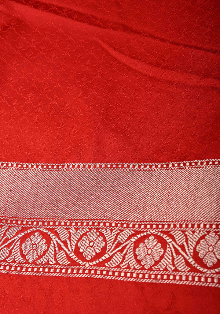 Red Banarasi Semi Mashru Silk Saree with alfi Floral Jaal and Zari Border