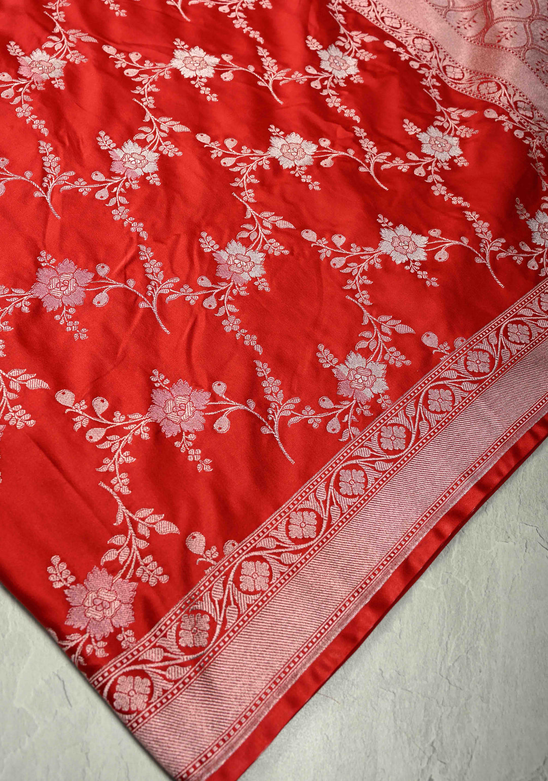 Red Banarasi Semi Mashru Silk Saree with alfi Floral Jaal and Zari Border