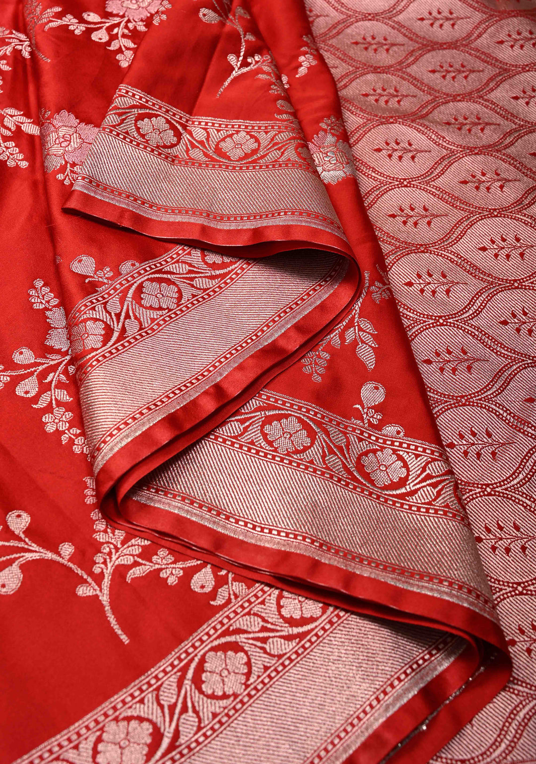 Red Banarasi Semi Mashru Silk Saree with alfi Floral Jaal and Zari Border
