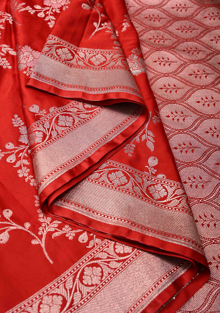 Red Banarasi Semi Mashru Silk Saree with alfi Floral Jaal and Zari Border