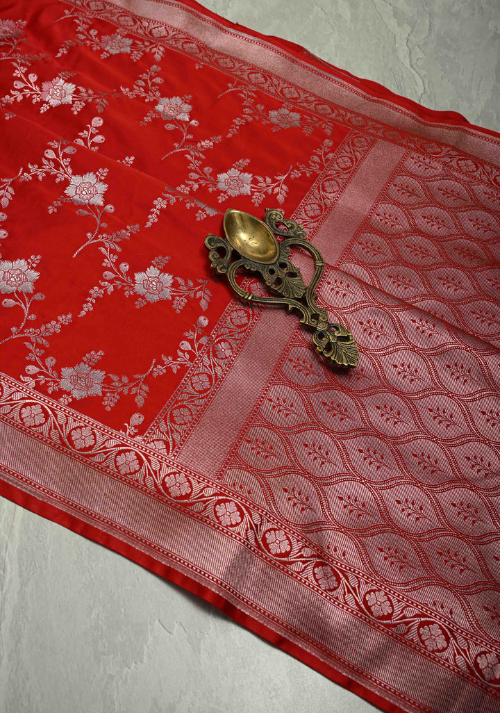 Red Banarasi Semi Mashru Silk Saree with alfi Floral Jaal and Zari Border