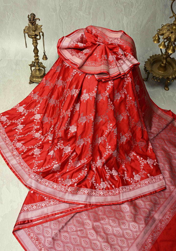 Red Banarasi Semi Mashru Silk Saree with alfi Floral Jaal and Zari Border
