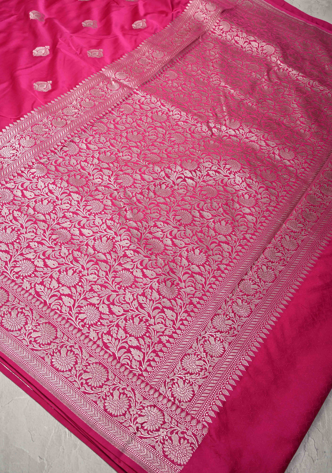 Rani Pink Banarasi Semi Mashru Silk Saree with Floral buttas and Zari Border