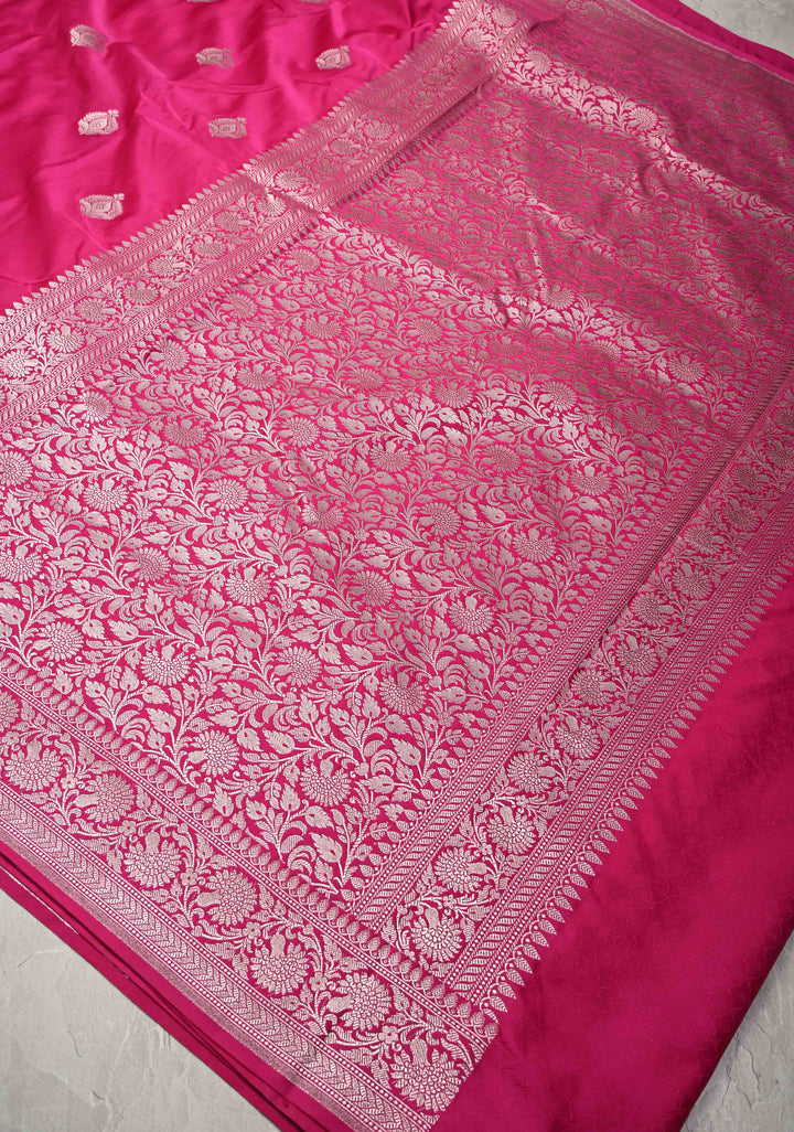 Rani Pink Banarasi Semi Mashru Silk Saree with Floral buttas and Zari Border