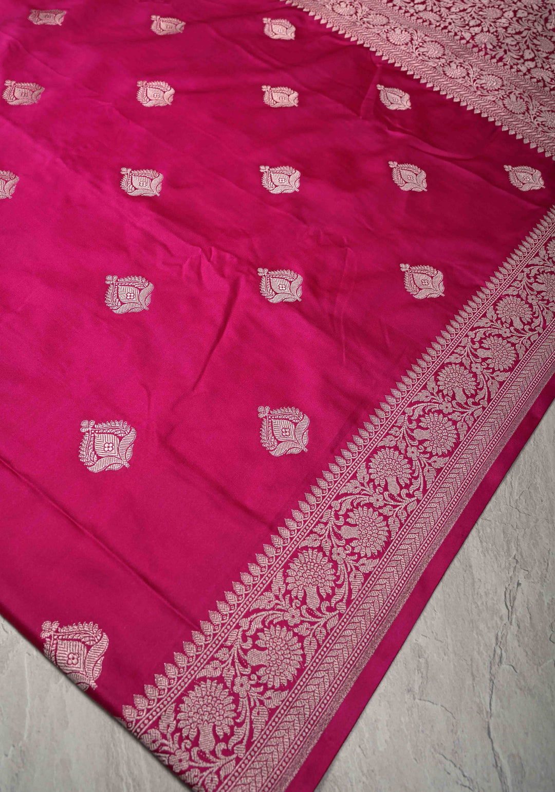 Rani Pink Banarasi Semi Mashru Silk Saree with Floral buttas and Zari Border