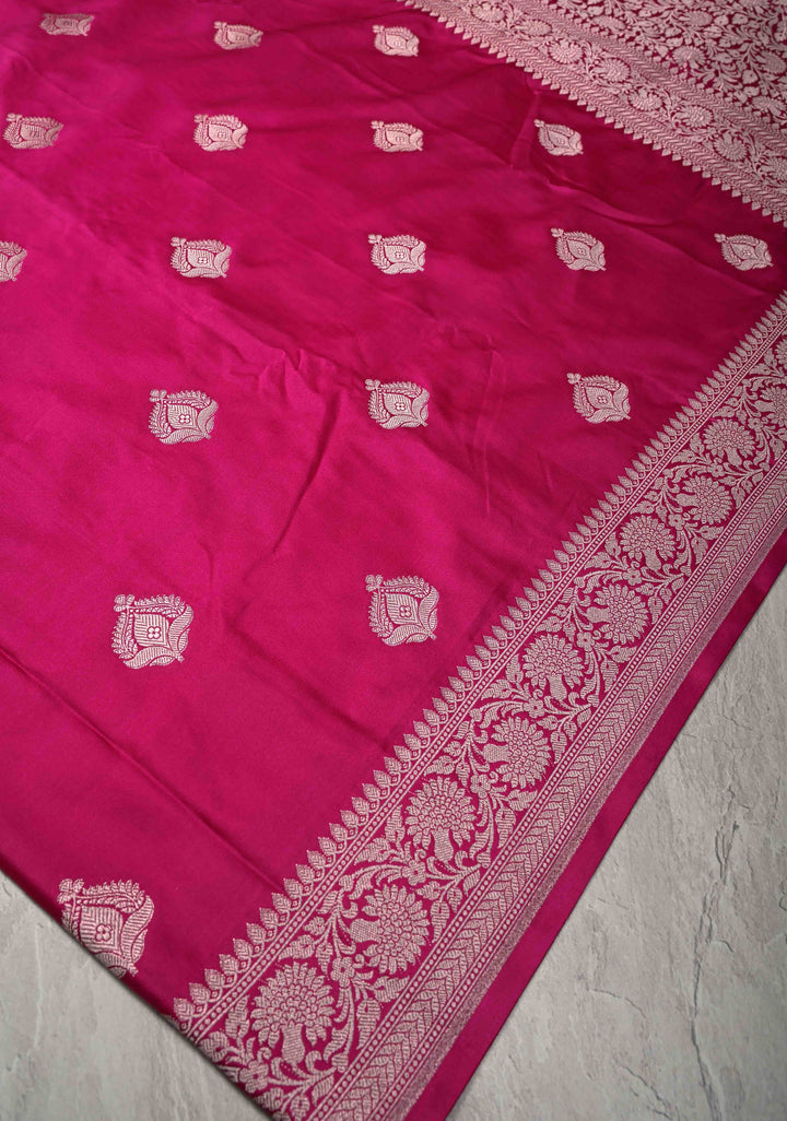 Rani Pink Banarasi Semi Mashru Silk Saree with Floral buttas and Zari Border
