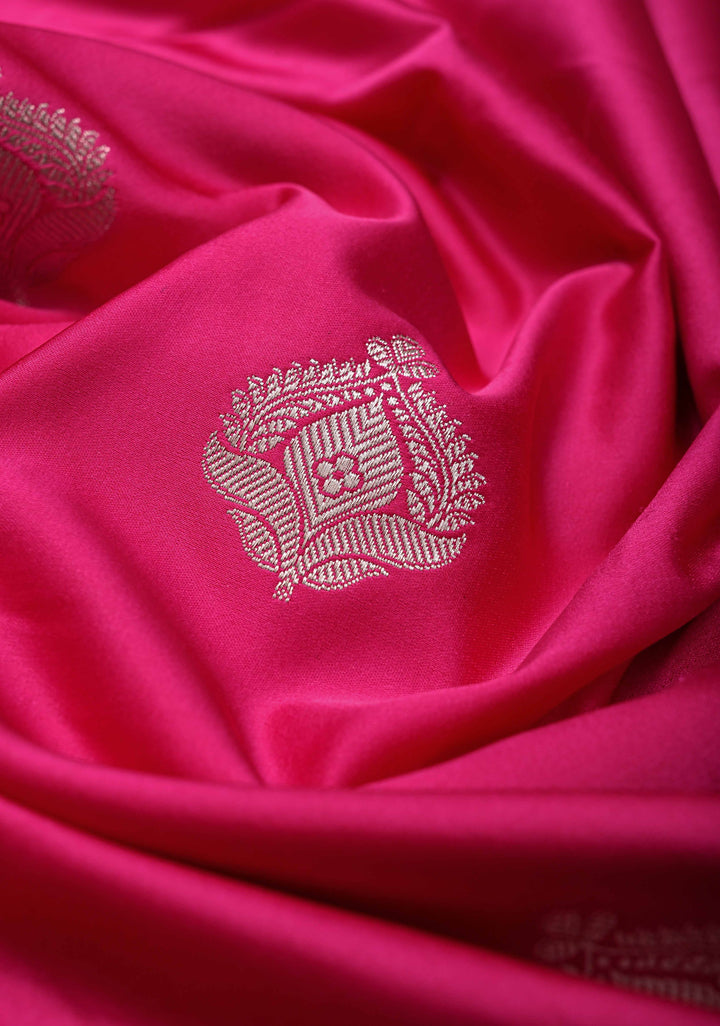 Rani Pink Banarasi Semi Mashru Silk Saree with Floral buttas and Zari Border