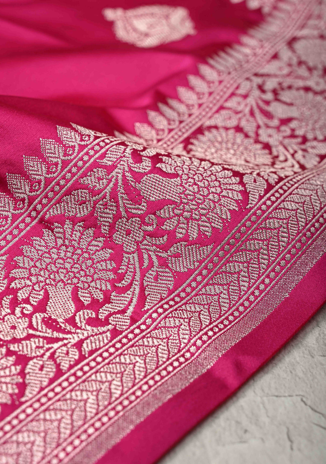 Rani Pink Banarasi Semi Mashru Silk Saree with Floral buttas and Zari Border