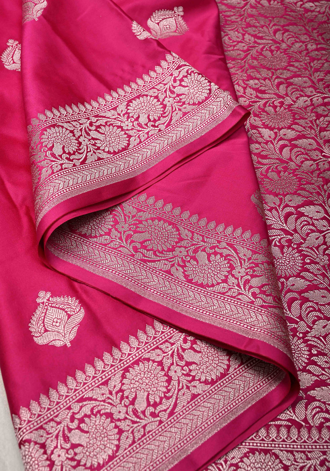 Rani Pink Banarasi Semi Mashru Silk Saree with Floral buttas and Zari Border