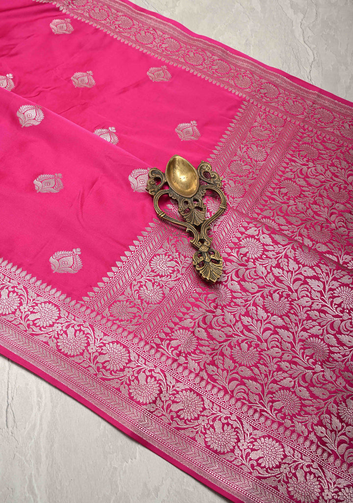 Rani Pink Banarasi Semi Mashru Silk Saree with Floral buttas and Zari Border