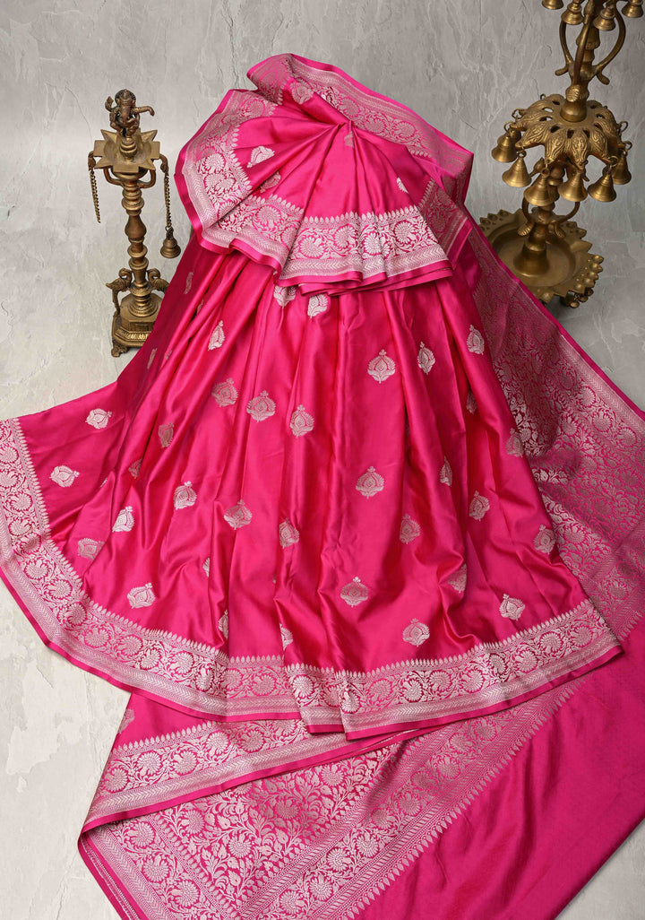 Rani Pink Banarasi Semi Mashru Silk Saree with Floral buttas and Zari Border