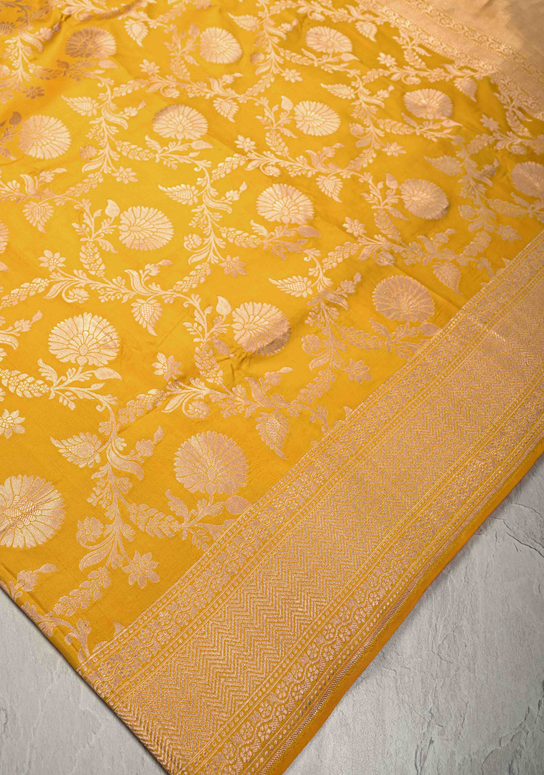 Musturd Yellow Banarasi Katan Silk Saree with Brocade Jaal and Zari Borders | SILK MARK CERTIFIED