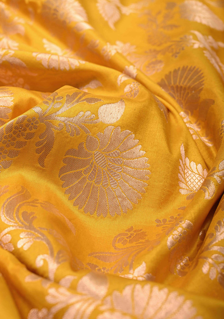 Musturd Yellow Banarasi Katan Silk Saree with Brocade Jaal and Zari Borders | SILK MARK CERTIFIED