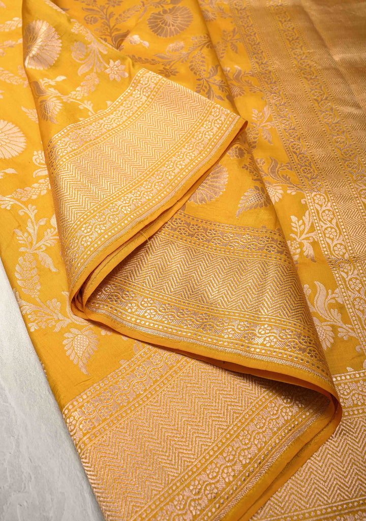 Musturd Yellow Banarasi Katan Silk Saree with Brocade Jaal and Zari Borders | SILK MARK CERTIFIED
