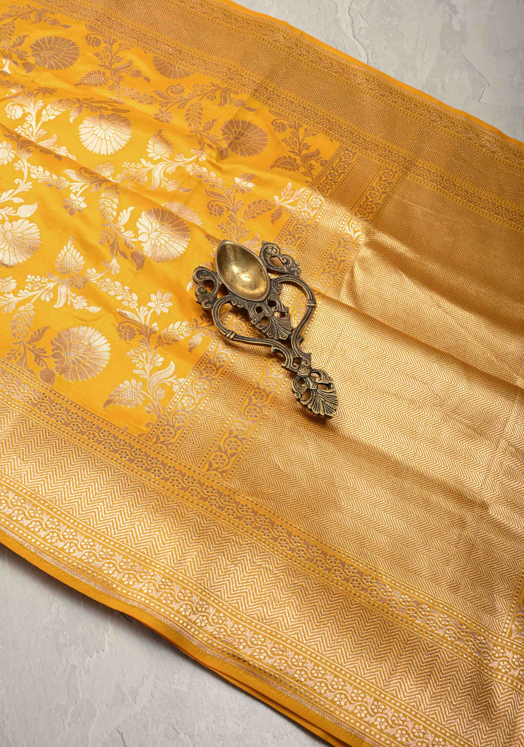 Musturd Yellow Banarasi Katan Silk Saree with Brocade Jaal and Zari Borders | SILK MARK CERTIFIED