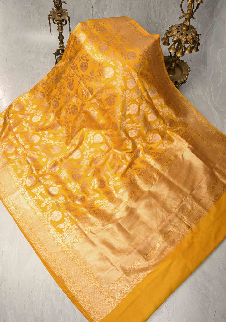 Musturd Yellow Banarasi Katan Silk Saree with Brocade Jaal and Zari Borders | SILK MARK CERTIFIED