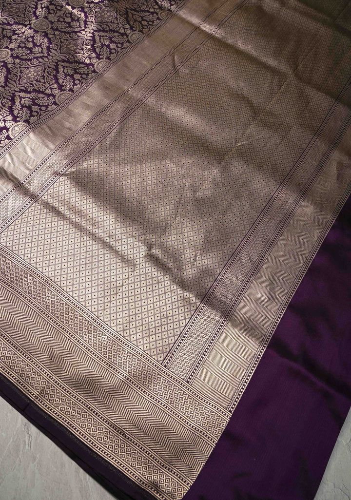 Egg Plant Purple Banarasi Katan Silk Saree with Floral Brocade and Zari Border | SILK MARK CERTIFIED