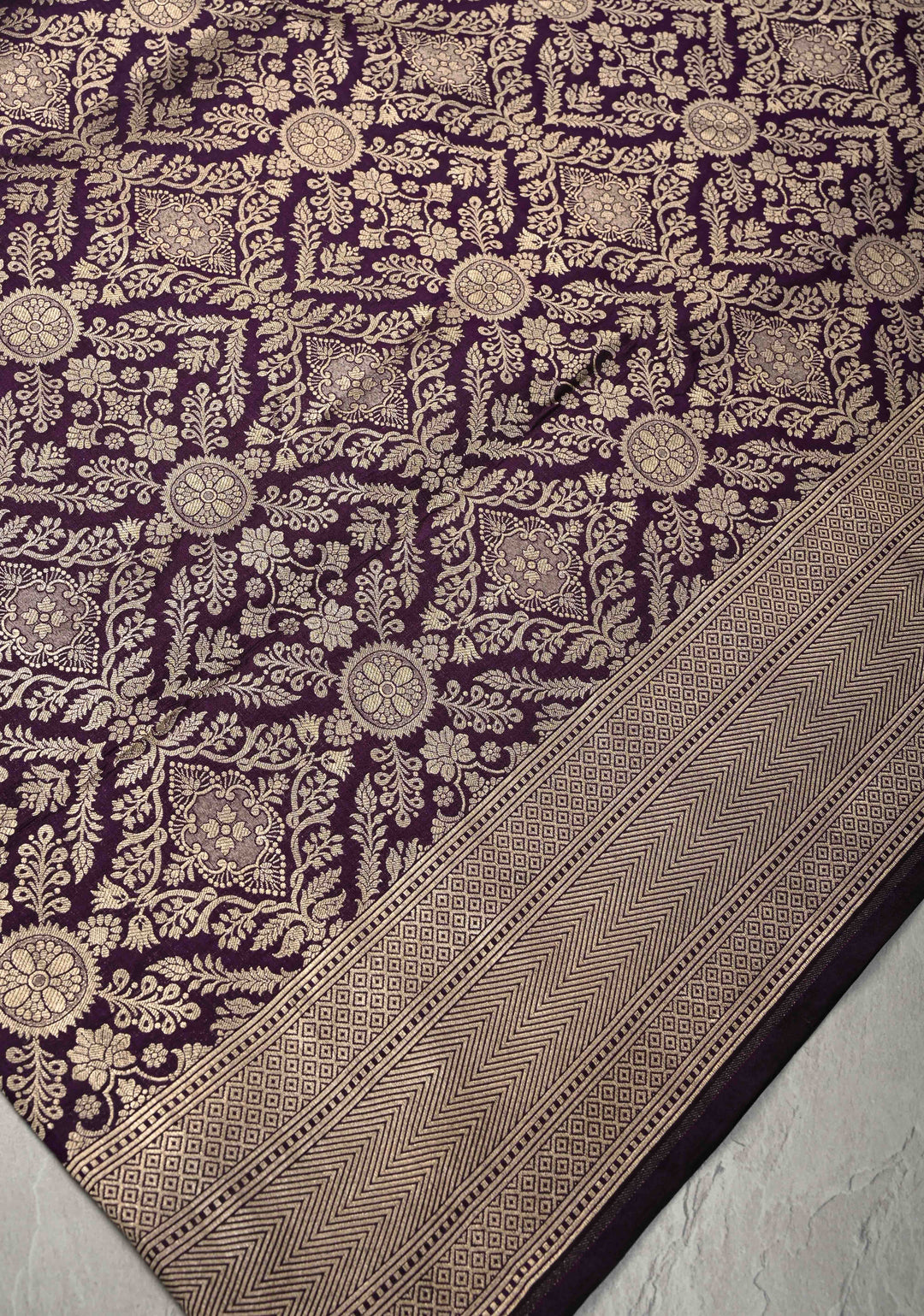 Egg Plant Purple Banarasi Katan Silk Saree with Floral Brocade and Zari Border | SILK MARK CERTIFIED
