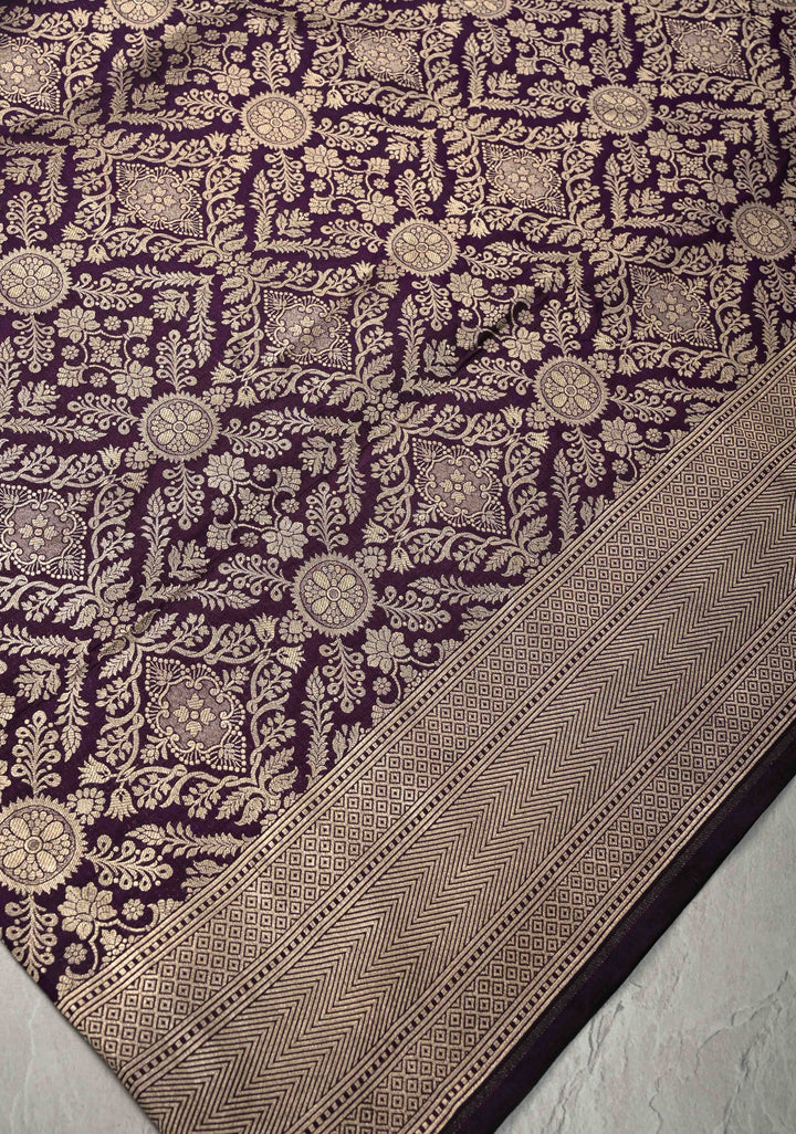 Egg Plant Purple Banarasi Katan Silk Saree with Floral Brocade and Zari Border | SILK MARK CERTIFIED