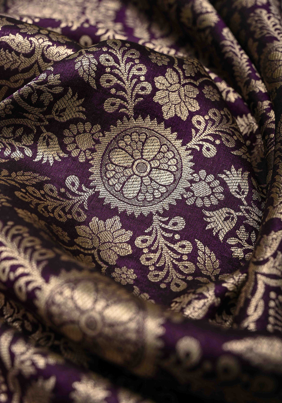 Egg Plant Purple Banarasi Katan Silk Saree with Floral Brocade and Zari Border | SILK MARK CERTIFIED