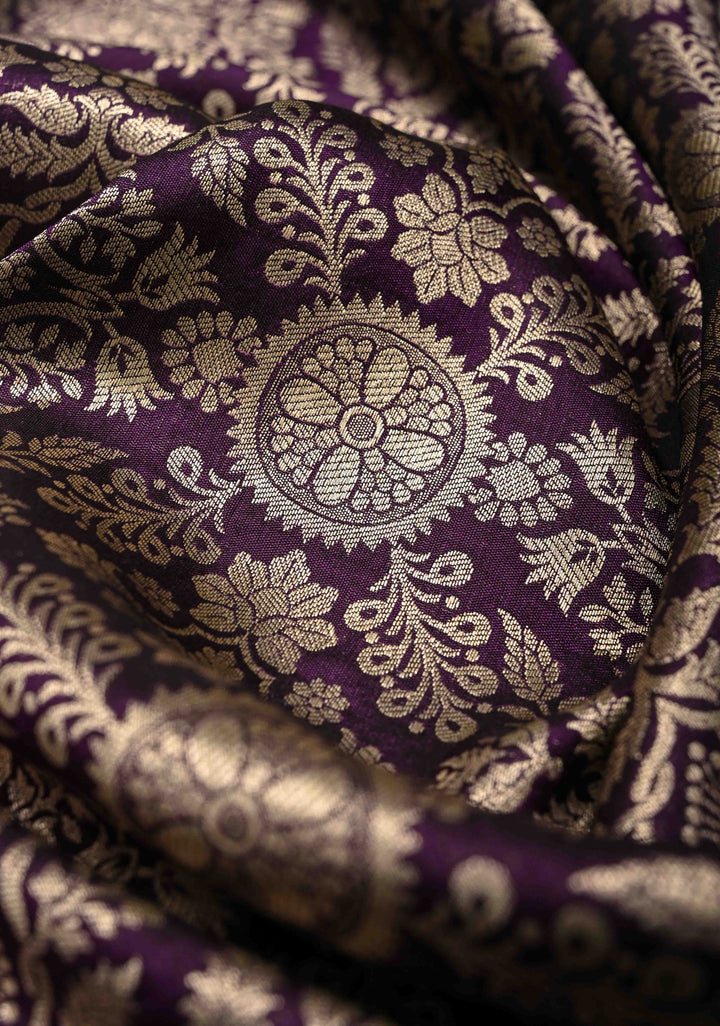 Egg Plant Purple Banarasi Katan Silk Saree with Floral Brocade and Zari Border | SILK MARK CERTIFIED