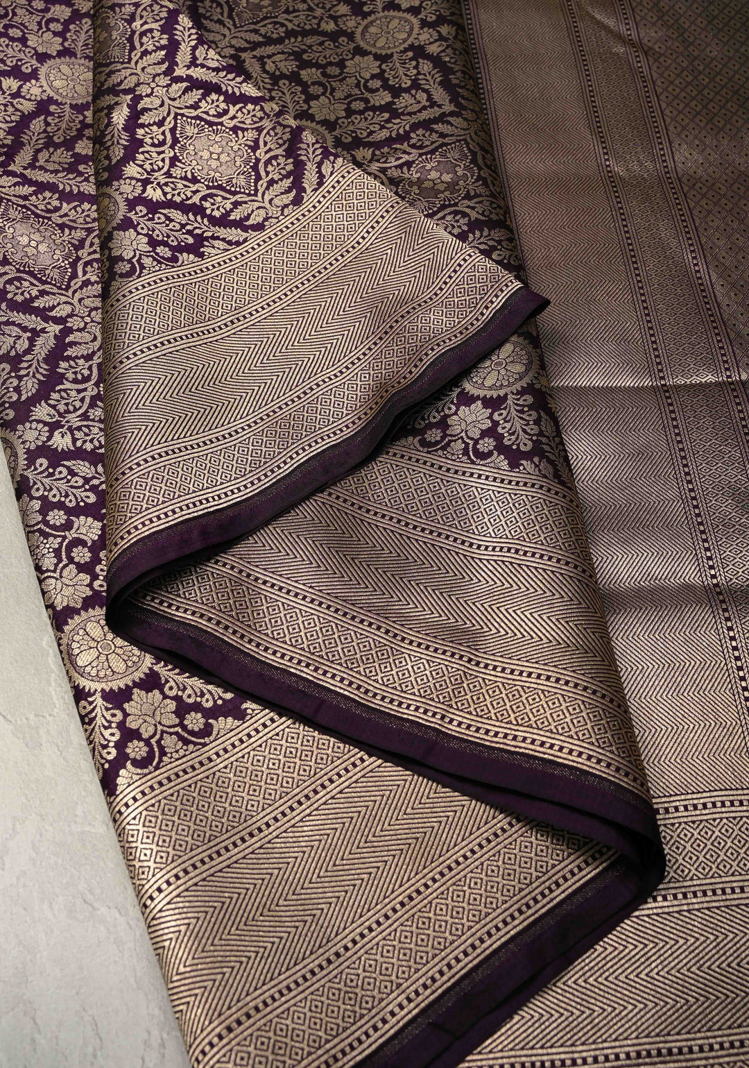 Egg Plant Purple Banarasi Katan Silk Saree with Floral Brocade and Zari Border | SILK MARK CERTIFIED