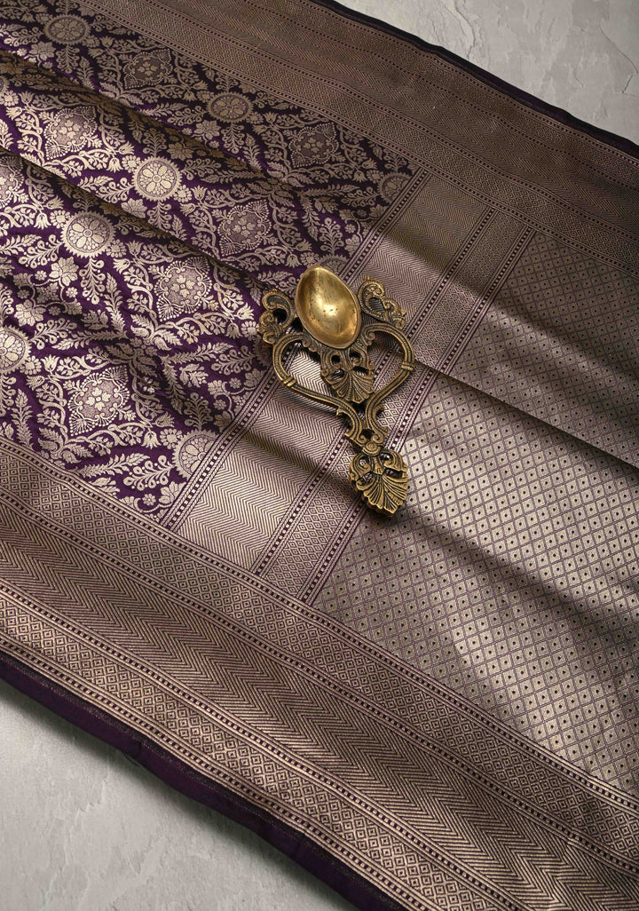 Egg Plant Purple Banarasi Katan Silk Saree with Floral Brocade and Zari Border | SILK MARK CERTIFIED