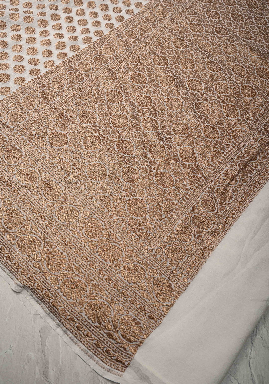 Ivory Banarasi Georgette Silk Saree with Antique Zari Buttas Brocade and Zari Border | SILK MARK CERTIFIED
