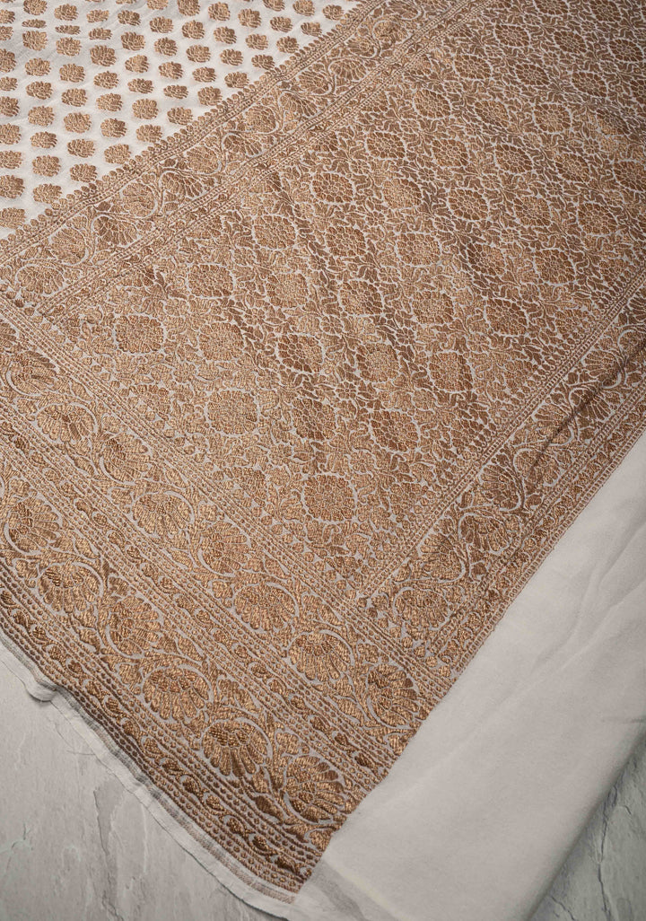 Ivory Banarasi Georgette Silk Saree with Antique Zari Buttas Brocade and Zari Border | SILK MARK CERTIFIED
