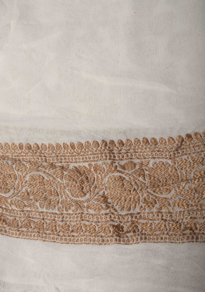 Ivory Banarasi Georgette Silk Saree with Antique Zari Buttas Brocade and Zari Border | SILK MARK CERTIFIED