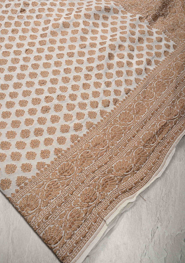 Ivory Banarasi Georgette Silk Saree with Antique Zari Buttas Brocade and Zari Border | SILK MARK CERTIFIED