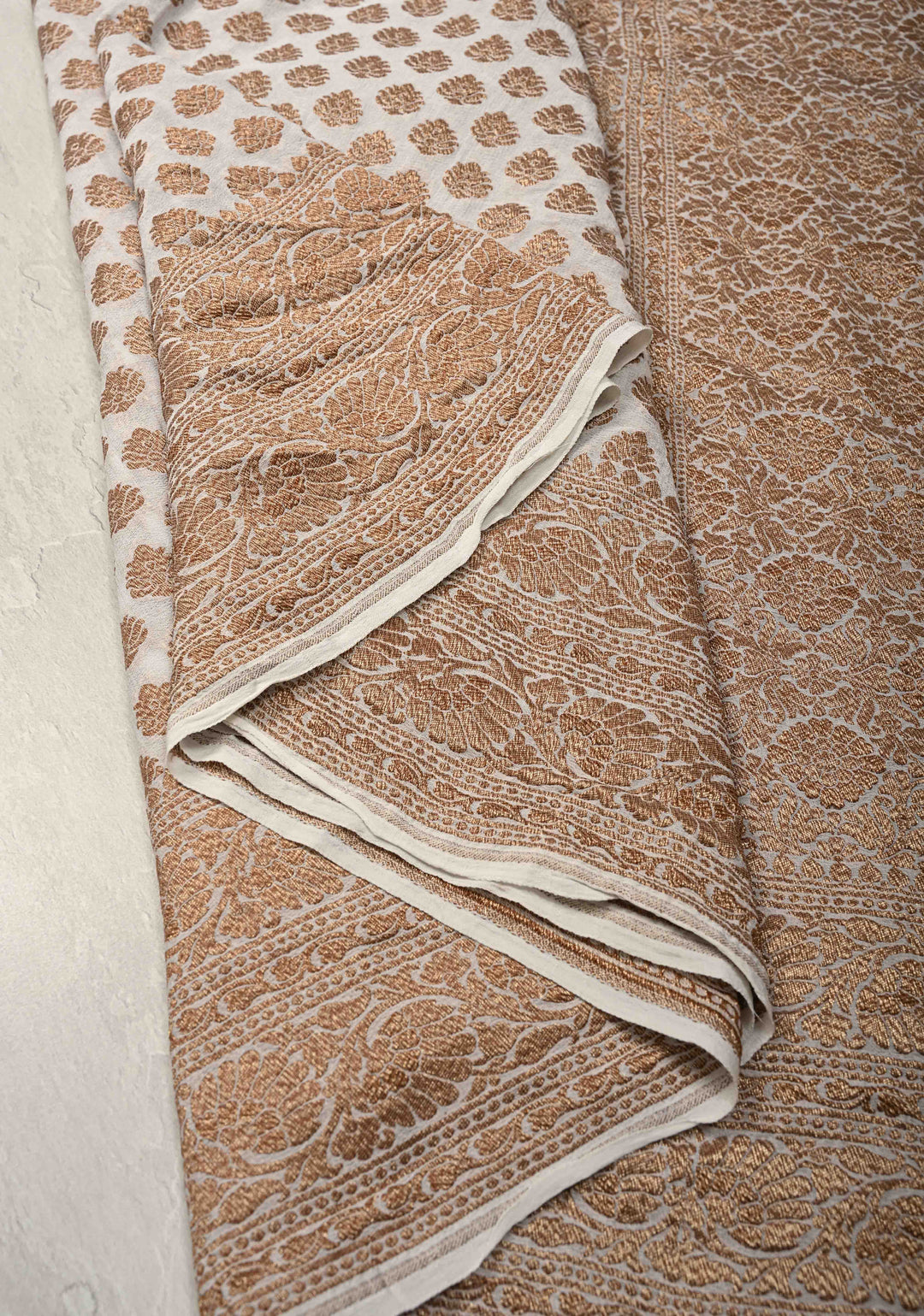 Ivory Banarasi Georgette Silk Saree with Antique Zari Buttas Brocade and Zari Border | SILK MARK CERTIFIED