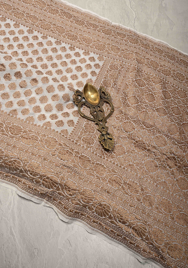 Ivory Banarasi Georgette Silk Saree with Antique Zari Buttas Brocade and Zari Border | SILK MARK CERTIFIED