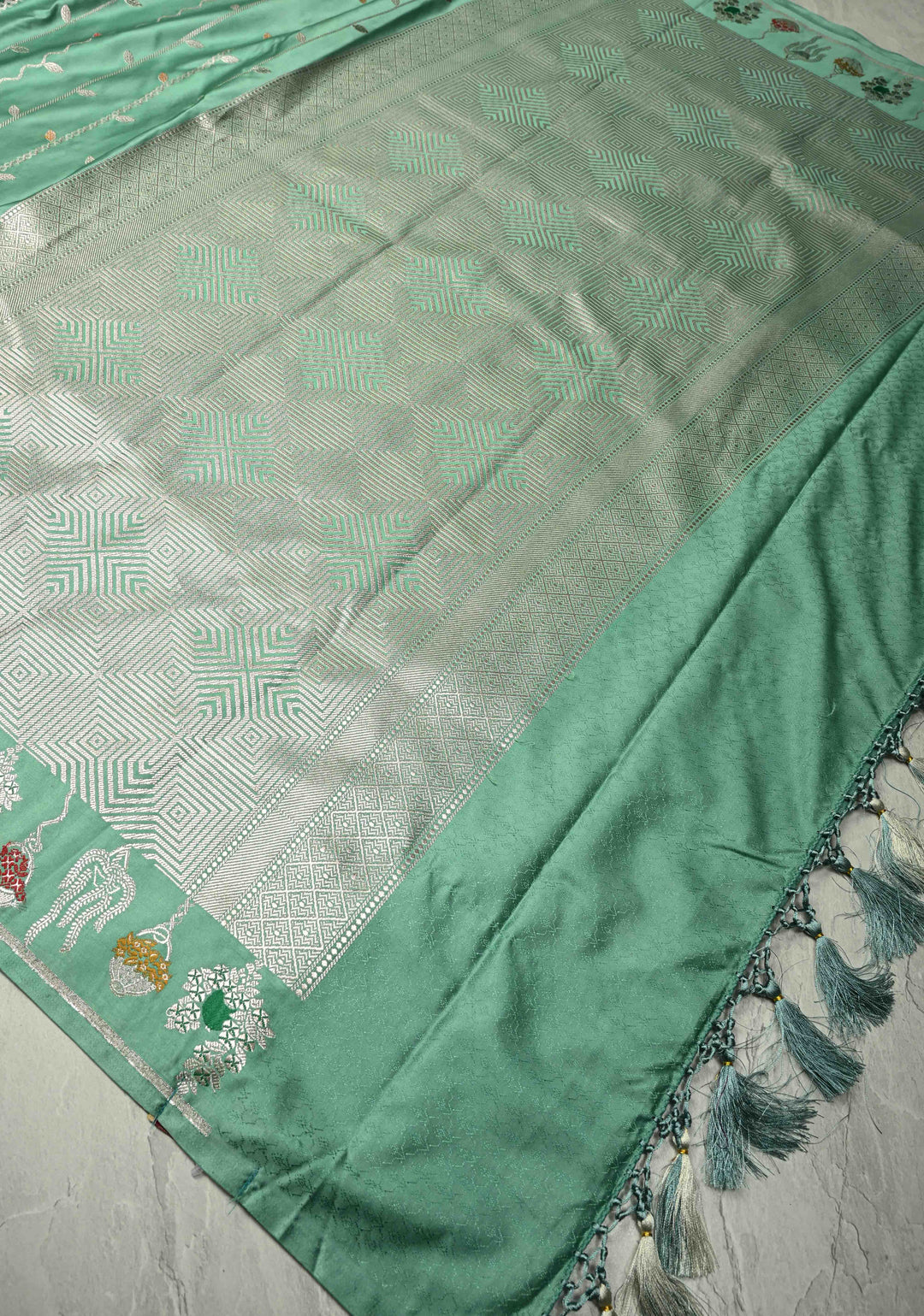 Dusty Teal Banarasi Semi Mashru Silk Saree with Meenakari Vertical Ornate Zari Stripes