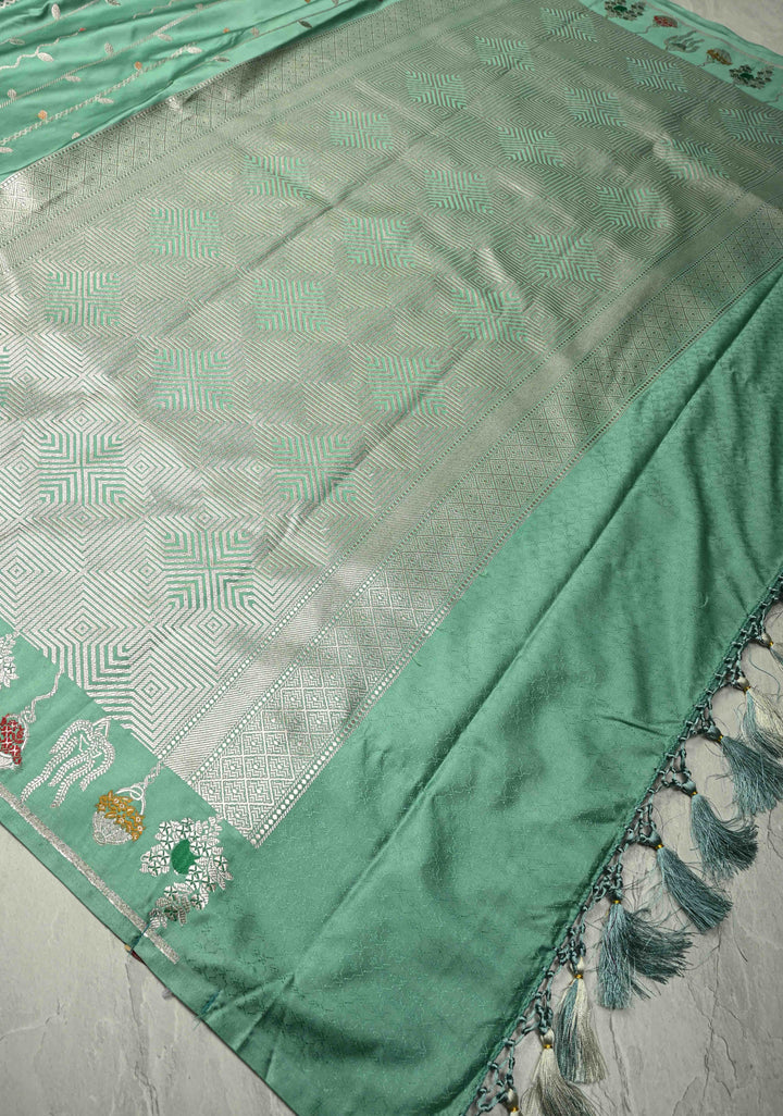 Dusty Teal Banarasi Semi Mashru Silk Saree with Meenakari Vertical Ornate Zari Stripes