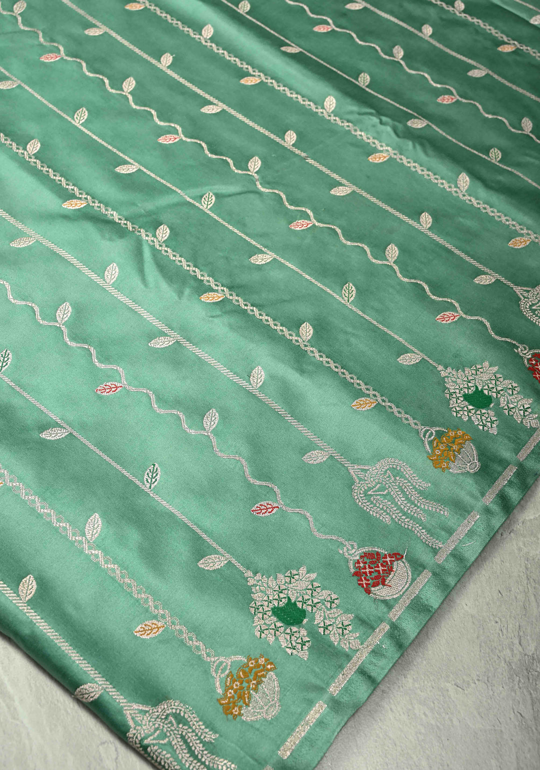 Dusty Teal Banarasi Semi Mashru Silk Saree with Meenakari Vertical Ornate Zari Stripes