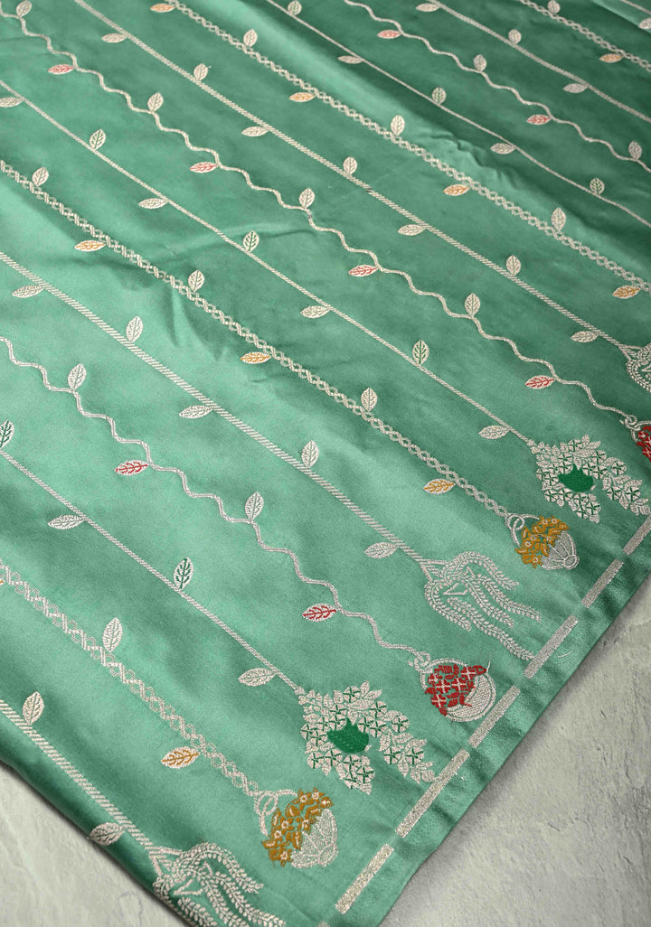 Dusty Teal Banarasi Semi Mashru Silk Saree with Meenakari Vertical Ornate Zari Stripes