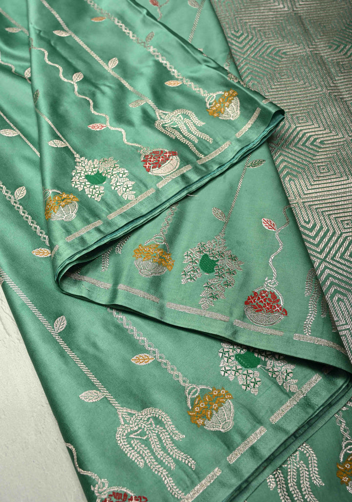 Dusty Teal Banarasi Semi Mashru Silk Saree with Meenakari Vertical Ornate Zari Stripes