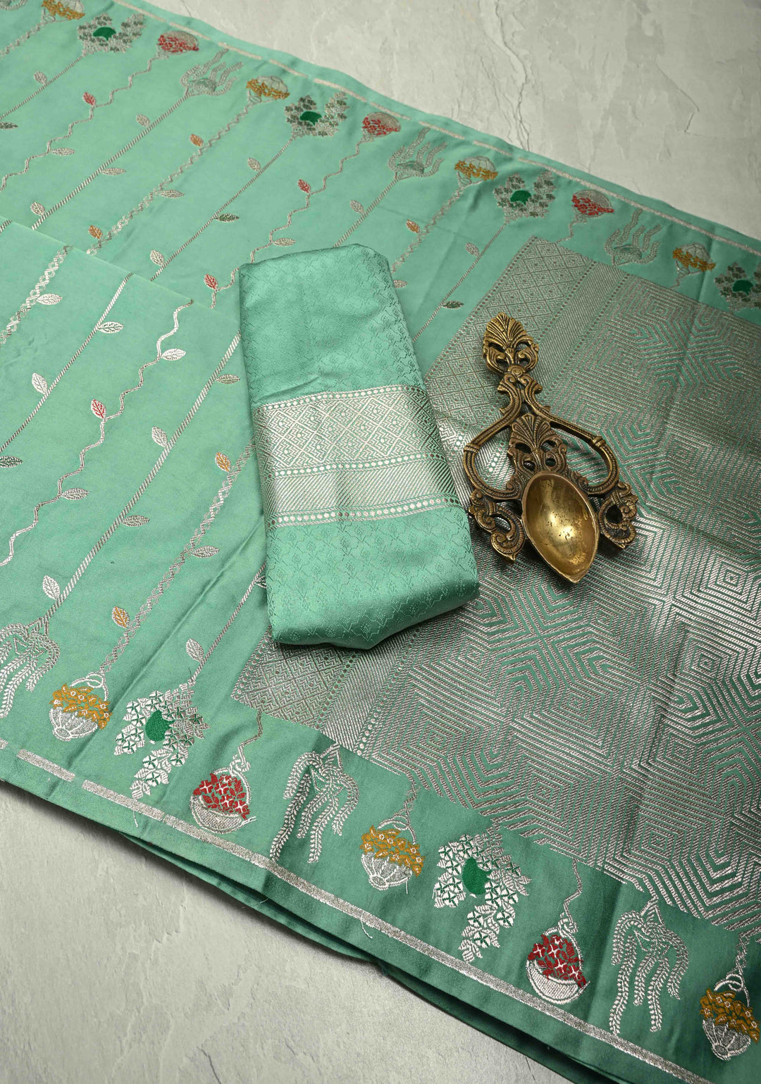 Dusty Teal Banarasi Semi Mashru Silk Saree with Meenakari Vertical Ornate Zari Stripes