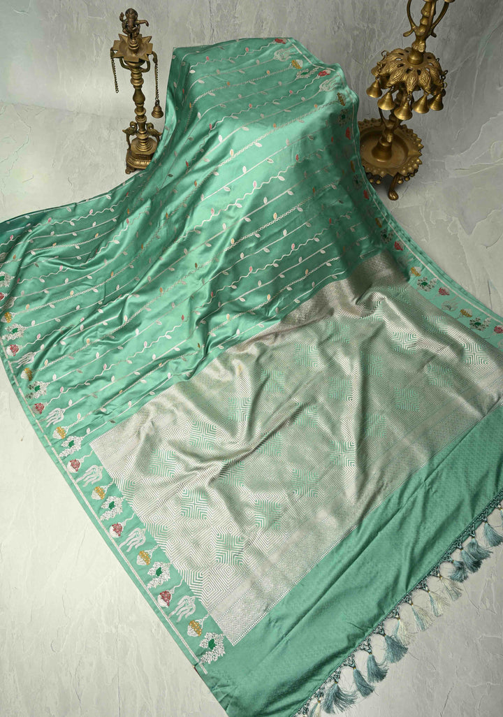 Dusty Teal Banarasi Semi Mashru Silk Saree with Meenakari Vertical Ornate Zari Stripes