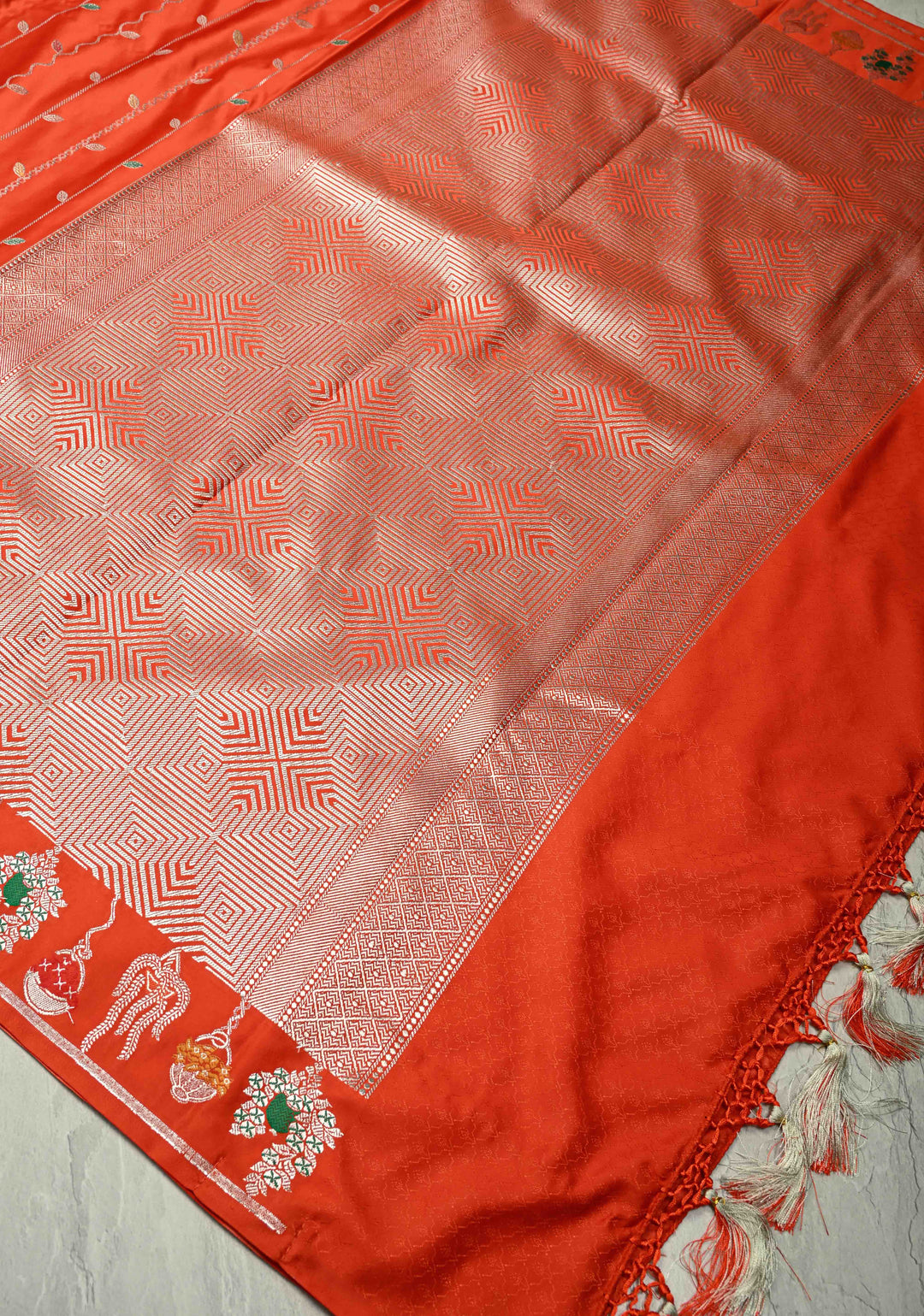 Reddish Orange Banarasi Semi Mashru Silk Saree with Meenakari Vertical Ornate Zari Stripes