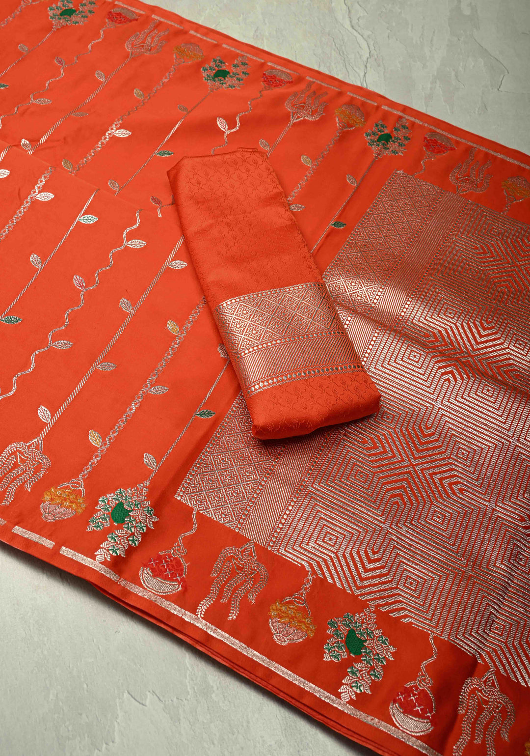 Reddish Orange Banarasi Semi Mashru Silk Saree with Meenakari Vertical Ornate Zari Stripes