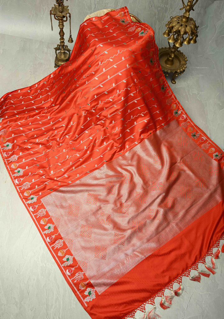 Reddish Orange Banarasi Semi Mashru Silk Saree with Meenakari Vertical Ornate Zari Stripes
