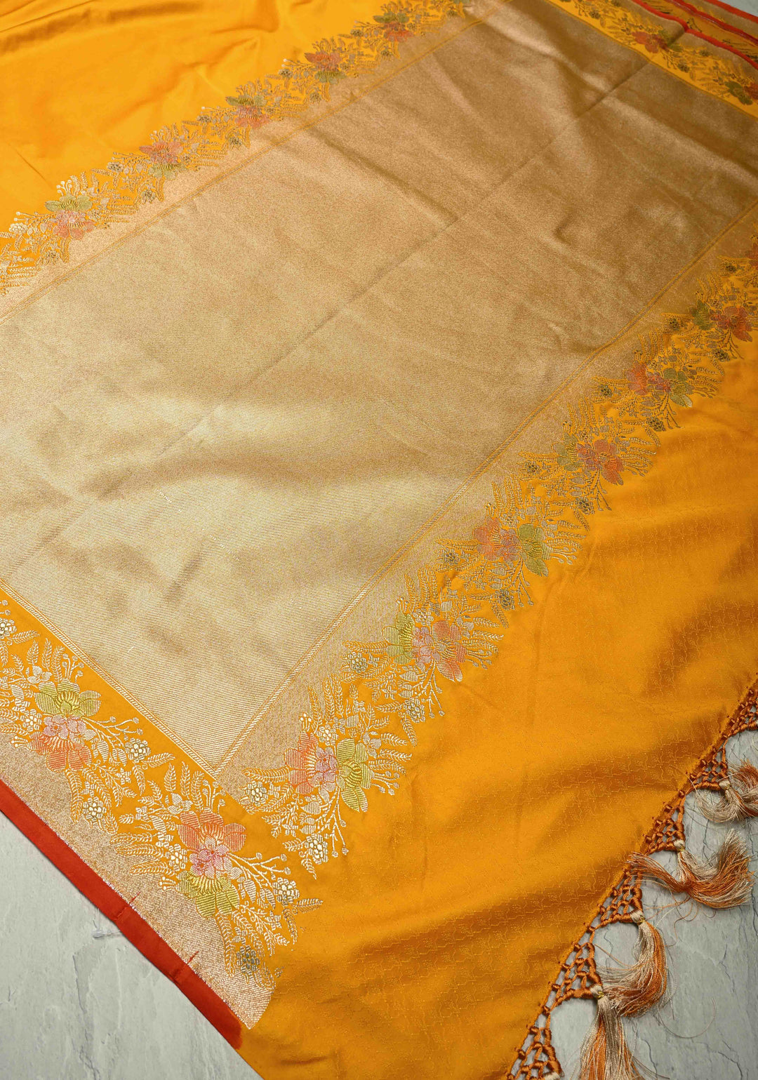 Yellow Banarasi Semi Mashru Silk Saree with hand Brushed Dye zari Border | SHOBITAM
