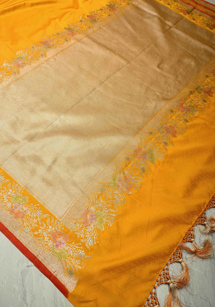 Yellow Banarasi Semi Mashru Silk Saree with hand Brushed Dye zari Border | SHOBITAM