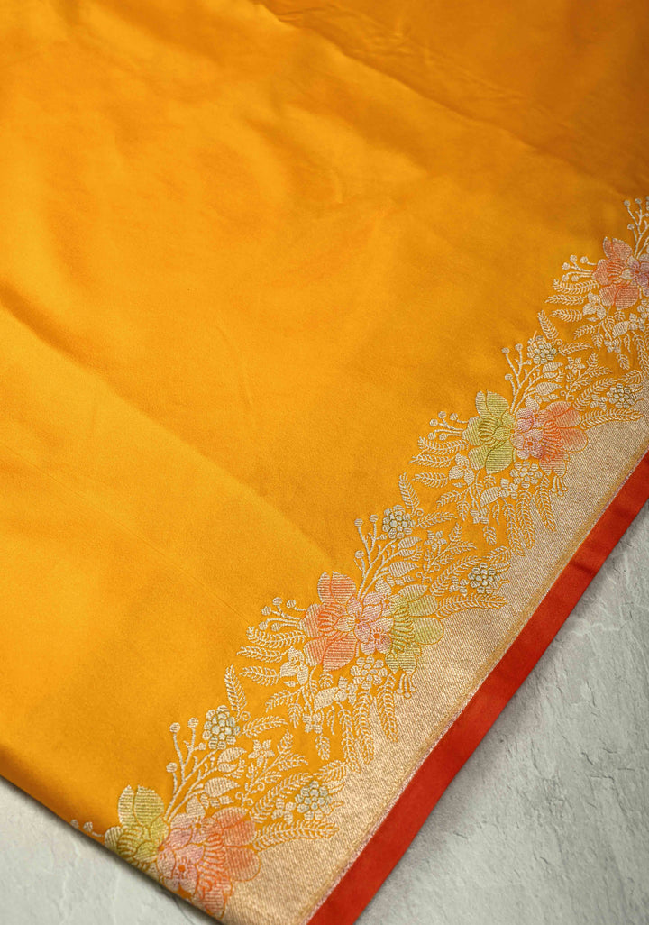 Yellow Banarasi Semi Mashru Silk Saree with hand Brushed Dye zari Border