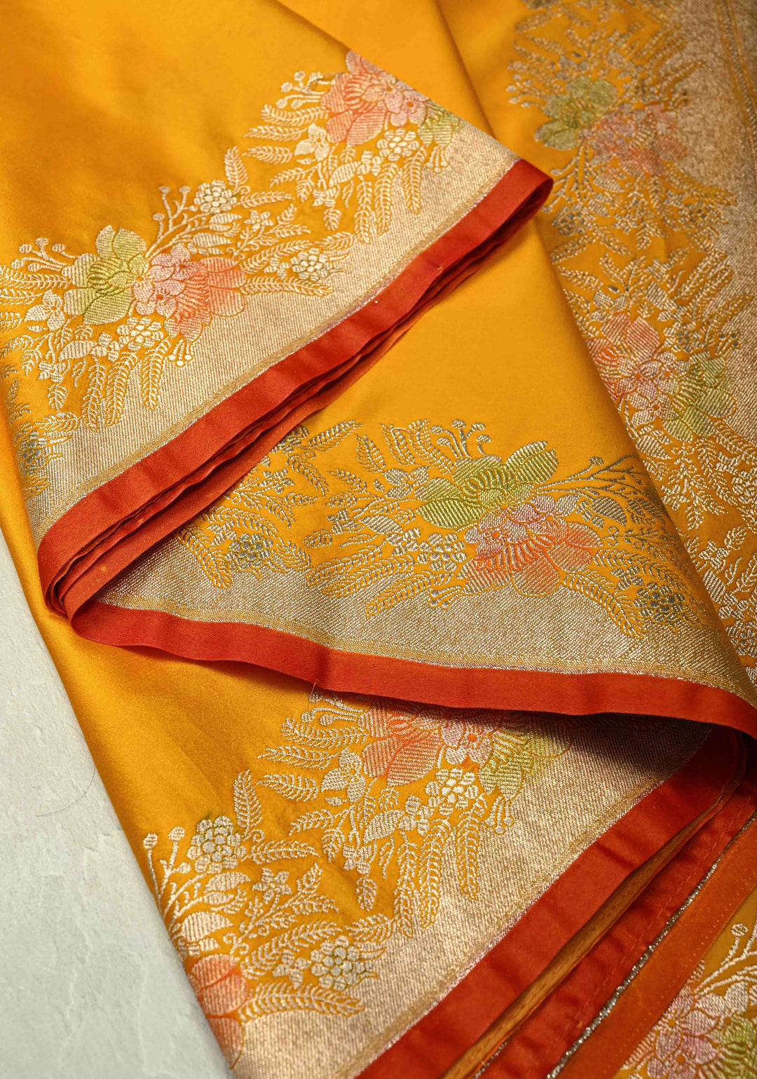 Yellow Banarasi Semi Mashru Silk Saree with hand Brushed Dye zari Border | SHOBITAM