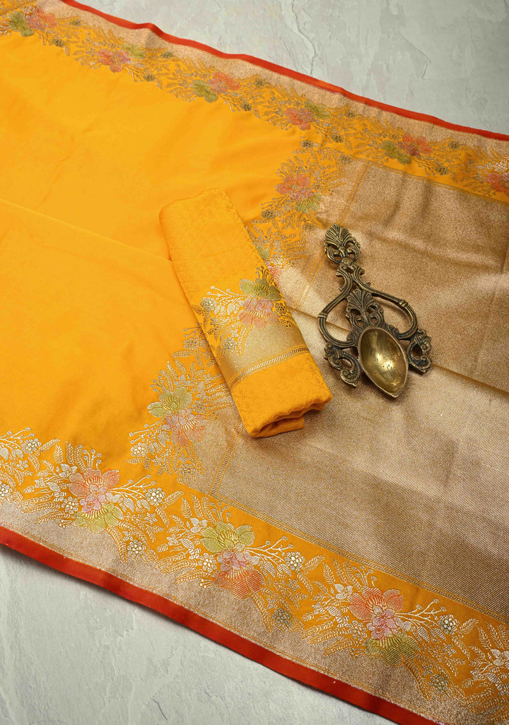 Yellow Banarasi Semi Mashru Silk Saree with hand Brushed Dye zari Border | SHOBITAM